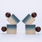 Ceramic Mini Espresso Cups Demitasse Cups with Round Wooden Handle Vertical Stripes Tea Cups (Beige&Blue, 4pcs)