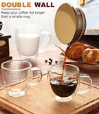 OJA Espresso Cups Set of 2, Hand Blown 5OZ Double Wall Glass Mugs with Handle Perfect for Cappuccino, Latte, Tea, Clear Glass Espresso Shot Cups Suitable for Coffee Machine