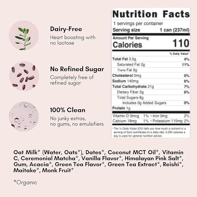 Pop & Bottle, Vanilla and Matcha Oat Milk Lattes - Reishi and Maitake Mushrooms, Green Tea, Cold Brew, Marine Collagen, MCT Oil, Organic, Dairy & Gluten Free, Vegan - 8 Fl Oz, (Pack of 12), 6 Each