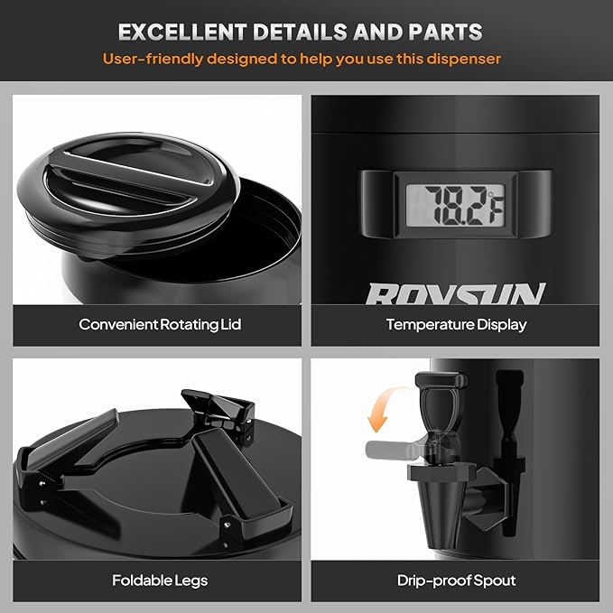 ROVSUN 3.2 Gallon Insulated Beverage Dispenser, Stainless Steel Hot and Cold Drink Dispenser, Ice and Hot Drink Server w/Spigot, Hot and Cold Beverage Server for Coffee, Tea, Milk & Juice