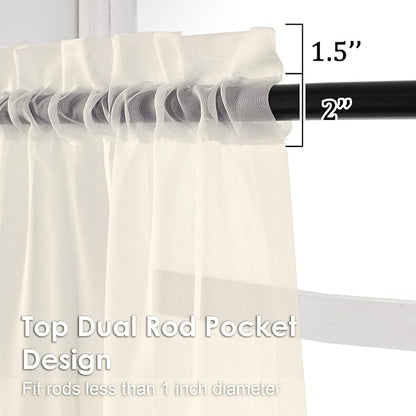2 Panels Cream Sheer Curtains 54 Inches Length Window Treatment - Image 3