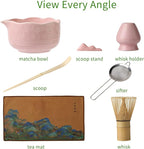 Matcha Whisk Set, Japanese Ceramic Matcha Bowl with Spout, Bamboo Whisk, Sifter, Scoop, Holder, Tea Cloth, 7-Piece Ceremonial Matcha Kit, Gift for Tea Lovers (pink)