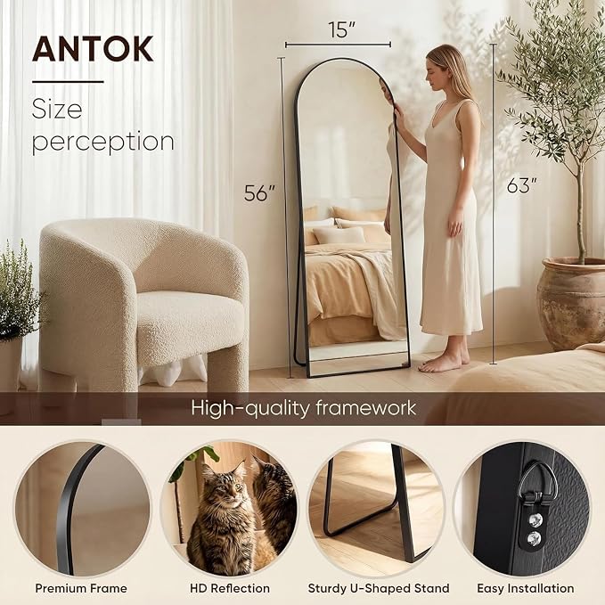 Antok 56" x15” Arched Full Length Floor Mirror, Free Standing/Wall Mount/Leaning - Image 4