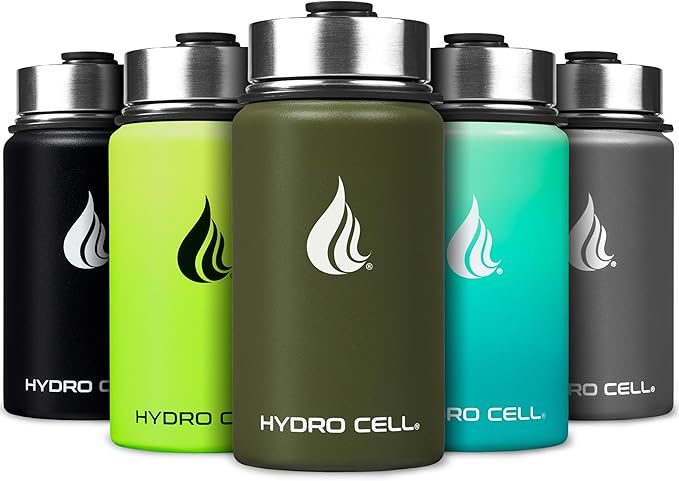 HYDRO CELL Stainless Steel Insulated Water Bottle with Straw - For Cold & Hot Drinks - Metal Vacuum Flask with Screw Cap and Modern Leakproof Sport Thermos for Adults (Army 14oz)