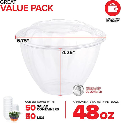 Stock Your Home Plastic Bowls with Lids (50 Count) 48 Oz. Disposable To-Go Containers – Large Airtight Bowls for Dinner or On-the-Go Meals