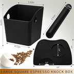 Large Square Knock Box Shock-absorbent Knock Box Espresso with Removable Knock Bar and Non-Slip Base Espresso Accessories for Home/Office (Large Black Knock Box with Tamper Mat)