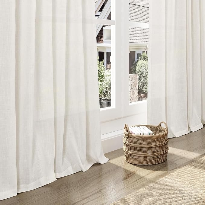 Beige White Curtains Linen for Living Room 90 Inches Long Back Tab and Rod - Image 5