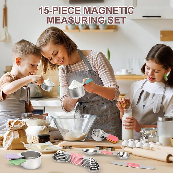 15-Piece Stainless Steel Measuring Cups and Spoons Set, Strong Magnetic Nesting Design 7 Cups 7 Spoons with Leveler, Double Measurement Markings for Dry & Liquid Ingredients, Pink & Colorful