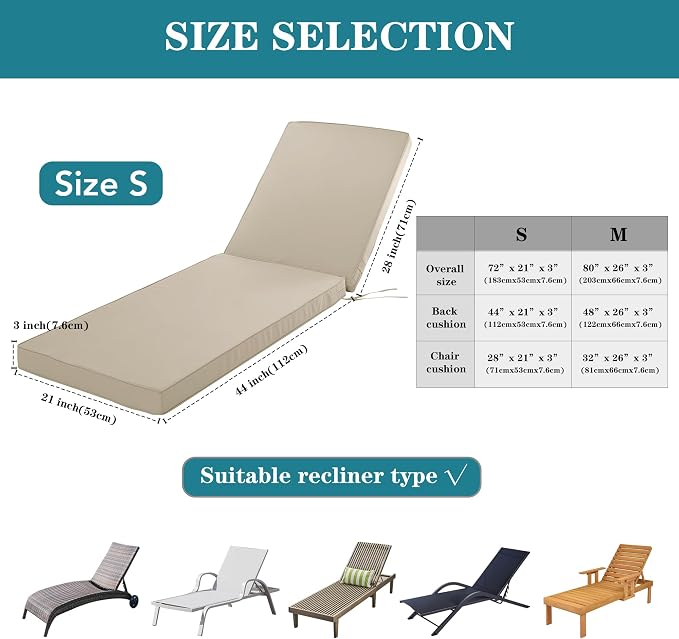 Outdoor Chaise Lounge Cushion Set of 2, Fadesafe Water-Repellent Lounge Deck - Image 3