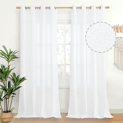 Extra Long White Linen Semi Sheer Curtains 95 inch Length by YoungsTex