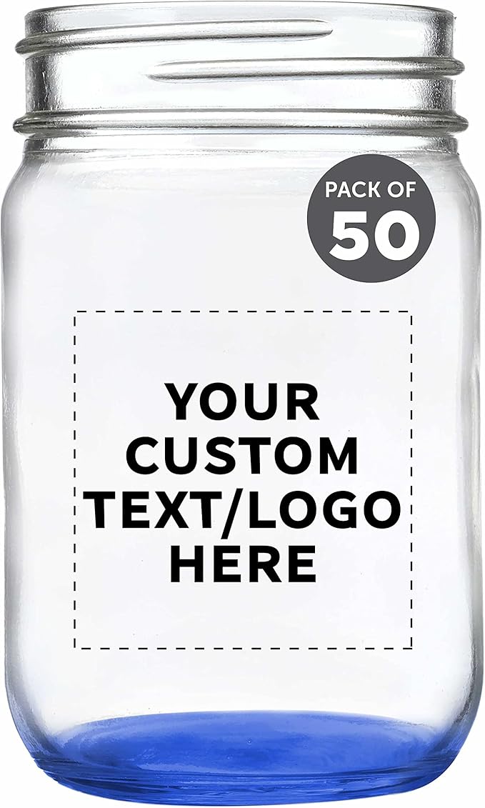 DISCOUNT PROMOS Custom Decorating Mason Jars 12 oz. Set of 50, Personalized Bulk Pack - Glass Jars for Overnight Oats, Candies, Fruits, Pickles, Spices, Beverages - Blue