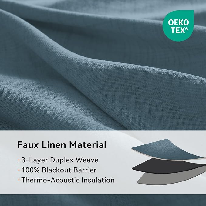 100% Blackout Linen Textured Curtains 84 Inch Long, Stone Blue | 100% Blackout - Image 4