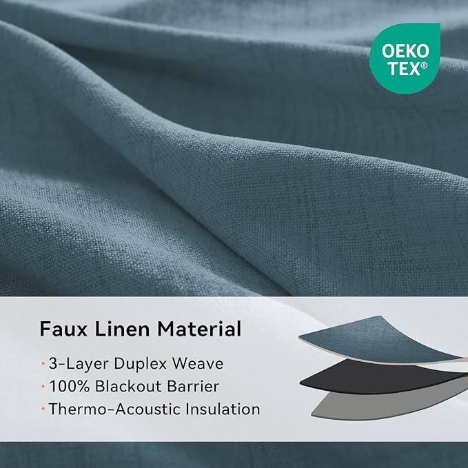 100% Blackout Linen Textured Curtains 72 Inch Long, Stone Blue | 100% Blackout - Image 4