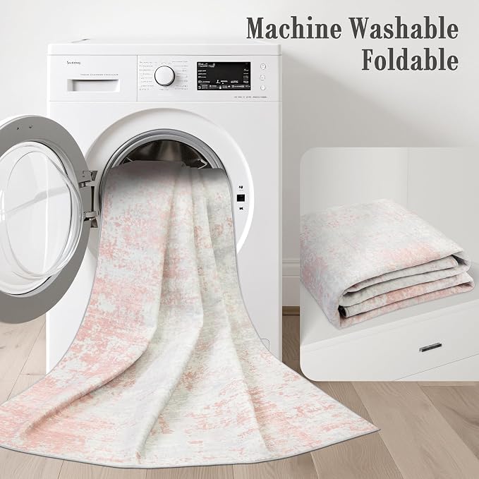 2.6x8 Washable Runner Rug：Modern Abstract Soft Carpet Pink White | - Image 6
