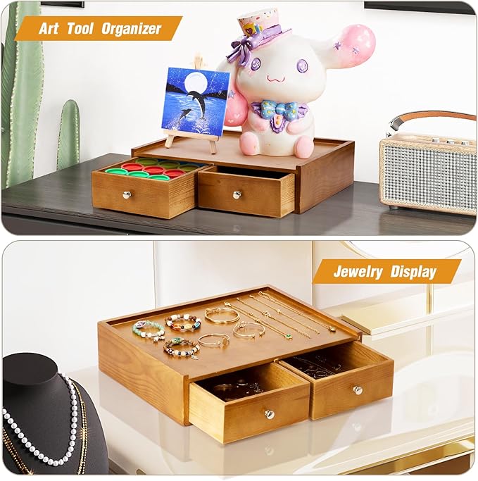 15.8"L X 11.8"W X 4"H Wooden K cup Holder, Coffee Pod Organizer Storage Box, Desktop Kitchen Storage with 2 Drawers, 30/40/60 Pod Capacity, Natural