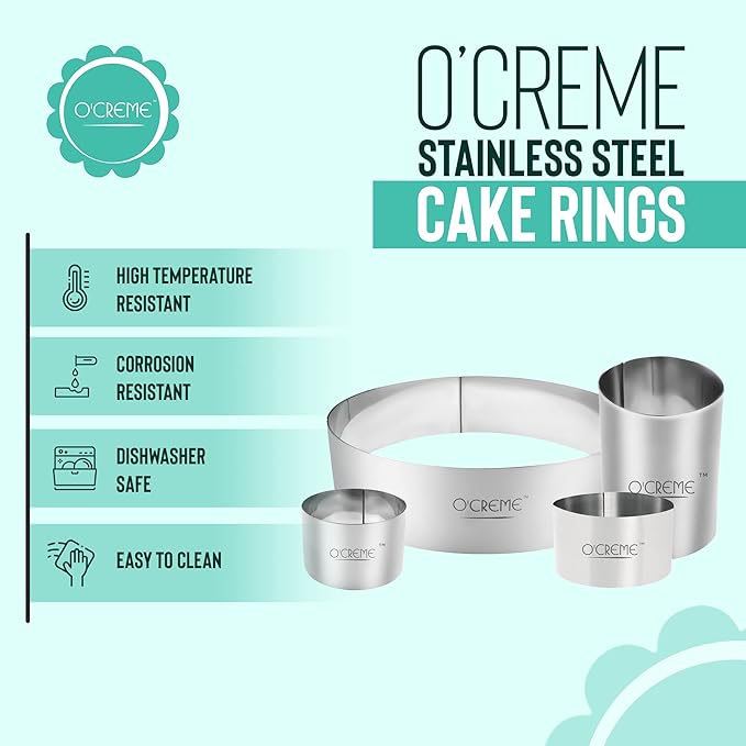 O'Creme Cake Ring Sturdy Stainless Steel Round Mousse Cake Ring Mold for Baking, Dessert Cake Decorating Pastry Rings 8 Inch Diameter x 4 Inch High