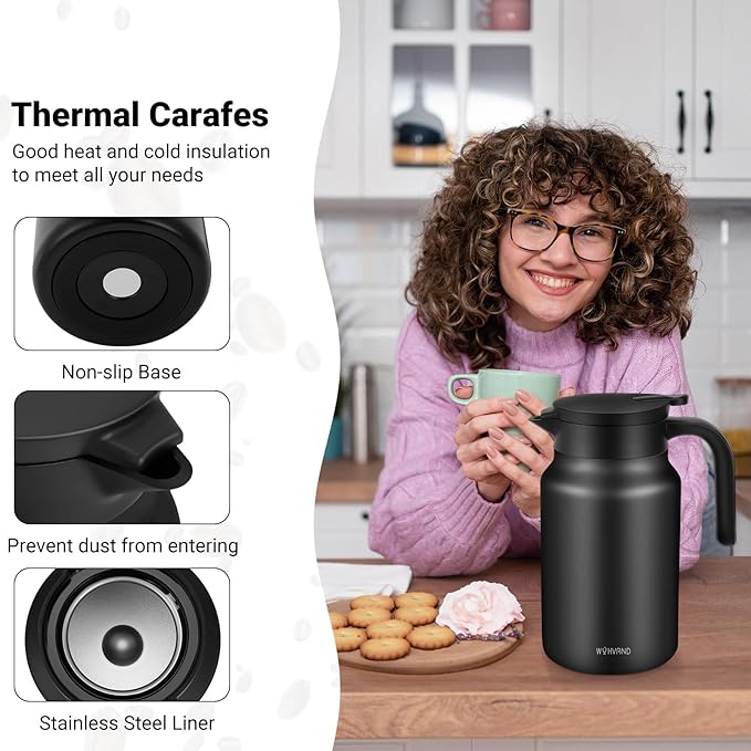 51Oz Thermal Coffee Carafes For Keeping Hot/Cold, Stainless Steel Coffee Carafe, Dustproof Insulated Water Carafe for Party/Home,Black