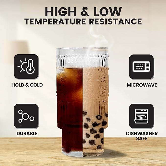 11oz Glass Tumbler with Straw and Lid Ribbed Vintage Iced Coffee Glasses for Tea Soda Cocktail Smoothie(Ribbed*2)
