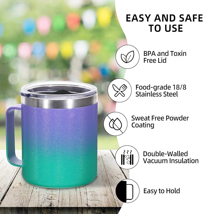 Volhoply 14oz Insulated Stainless Steel Coffee Mug with Lid Bulk 4 Pack,Double Wall Vacuum Travel Coffee Cup with Handle,Reusable Cups Tumbler,Camping Mugs Keep Hot,Ideal Gifts(Purple Green,4)