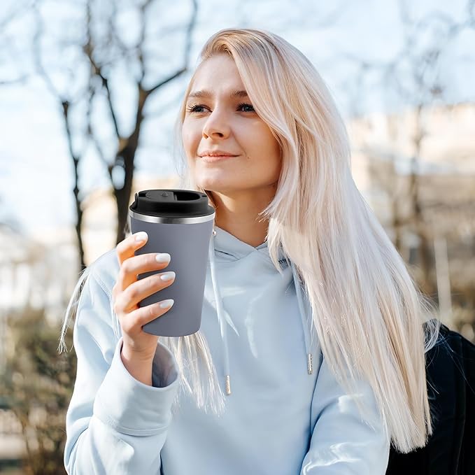 Volhoply 12 oz Double Wall Insulated Vacuum Travel Coffee Mugs with Flip Lid Bulk 2 Pack,Reusable Stainless Steel Leak Proof Coffee Cup,Portable Cafe Thermal Tumbler for Hot & Cold Drinks(Gray,2 Set)