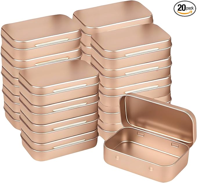 Small Metal Box With Lid-Cookie Tins Metal Tins With Lids Lens Wipes Storage Container Mini Portable Box,Empty Hinged Tin,For Organize Mint Candy Jar,Sewing (Rose Gold, 20 Pcs 3.7" x 2.4" x 0.8")