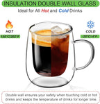 Glass Coffee Cups Set of 4, 13oz Double Walled Glass Mugs with Handles, Clear Insulated Coffee Mug Espresso Cups, Cappuccino Latte Tea Cups Set, Heat Resistant Borosilicate Clear Glasses