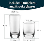 Libbey Polaris Tumbler and Rocks Glass Set, Elegant Drinkware Glasses Set,, Tall Drinking Glasses with Modern Clean Lines, Dishwasher Safe Drinking Glasses Set of 16