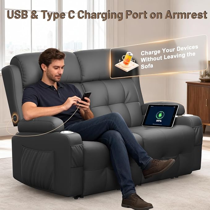 Reclining Loveseat, 55.1" RV PU Leather Wall Hugger Recliner Love Seats Sofa - Image 4