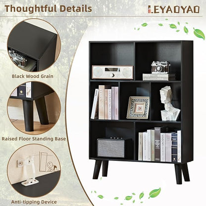 LEYAOYAO 7 Cube Black Bookshelf, 3 Tier Modern Bookcase - Image 6