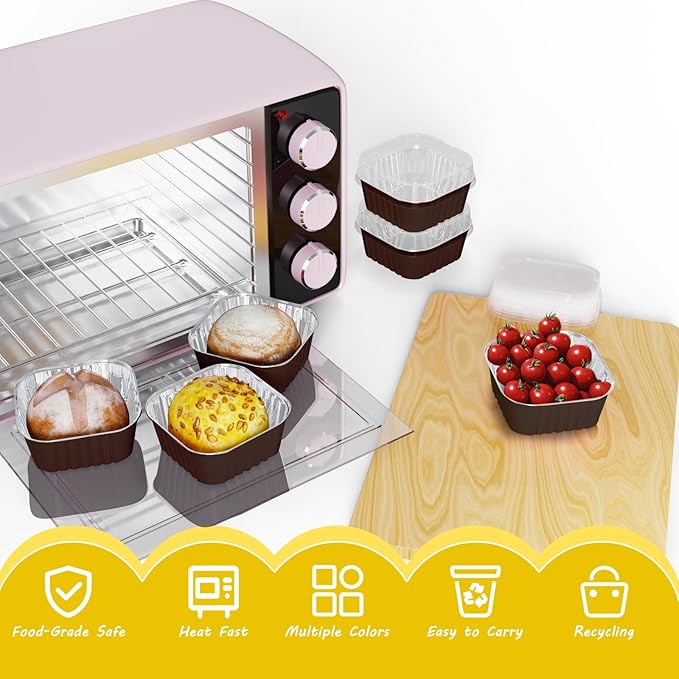 100 Pack Square Mini Cake Pans with Lids,Mini Loaf Pans with Lids,Aluminum Foil Baking Cups,Disposable Ramekins Cupcake Cups,Dessert Cups for Wedding Birthday Party Picnics,5oz (Coffee)