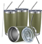 COMOOO 20oz Tumbler Bulk Double Wall Vacuum Insulated Travel Mug, Stainless Steel Tumbler with Lid and Straw Durable Powder Coated Insulated Coffee Cup for Cold & Hot Drinks (Army Green, 4 Pack