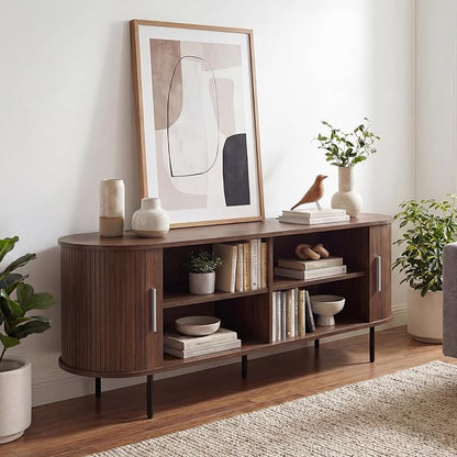 Tangkula Fluted TV Stand for TVs up to 60”, Mid Century Curved Entertainment - Image 3