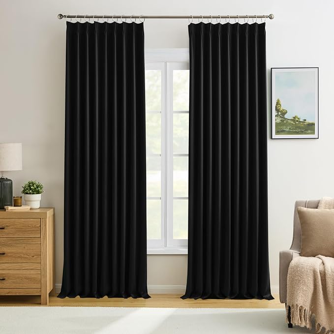 Black Pinch Pleated 60 Inch Wide Curtains 60 x 90, Thermal Insulated Noise by KEQIAOSUOCAI
