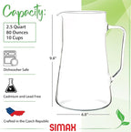 Simax Large Glass Pitcher With Spout, 2.5 Quart (80 Ounce) Borosilicate Glass Iced Tea Pitchers with Handle, Angled Cylinder Design, Glass Water Pitcher,