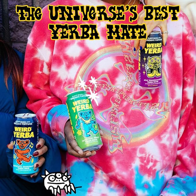 Drink Weird Organic Mystical Mint Yerba Mate – 16oz Cans, 160mg Organic Caffeine, Pack of 12 – Grateful Dead Collab, Clean Energy Drink Alternative