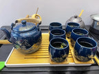 Japanese Tea Set, Black Glazed Tea Set in Gift Box With 1 Teapot, 1 Tea Strainer, 1 Tea Tray and 6 Tea Cups. Ideal Tea Set for Office Home, Asian Tea Sets for Tea Lovers(Country Blue)