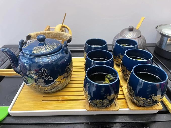 Japanese Tea Set, Black Glazed Tea Set in Gift Box With 1 Teapot, 1 Tea Strainer, 1 Tea Tray and 6 Tea Cups. Ideal Tea Set for Office Home, Asian Tea Sets for Tea Lovers(Country Blue)