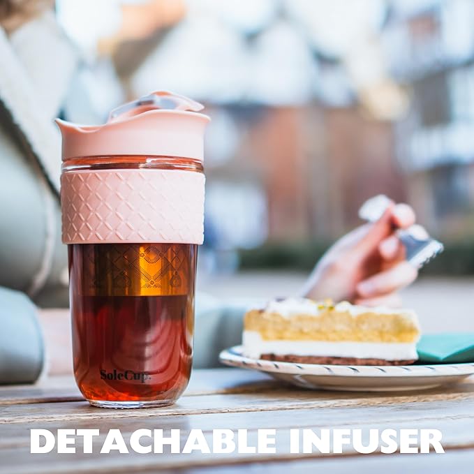 Large Travel Mug Loose Tea Infuser - Detachable Tea Strainer with Spill Proof Lid - 18oz/530ml BPA-Free Reusable Glass Travel Coffee Cup with Silicone Band (Pink) (Pink)