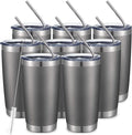 COMOOO 20oz/8Pack Tumbler Double Wall Vacuum Insulated Coffee Travel Mug Stainless Steel Tumbler with Lid and Straw Coffee Cup for Cold & Hot Drinks, Home and Outdoor (Cold Grey, 8 Pack)