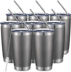 COMOOO 20oz/8Pack Tumbler Double Wall Vacuum Insulated Coffee Travel Mug Stainless Steel Tumbler with Lid and Straw Coffee Cup for Cold & Hot Drinks, Home and Outdoor (Cold Grey, 8 Pack)