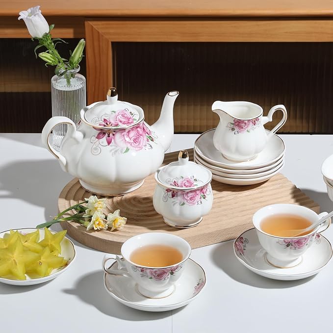 Sweejar Ceramic Teapot with Infuser, Floral Relief Gold Rimmed Teapot, 29 OZ Porcelain Tea Pot for Blooming and Loose Tea, Coffee...(Flower)
