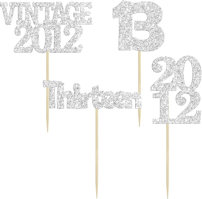 Gyufise 24Pcs 13th Birthday Cupcake Toppers Glitter Thirteen Vintage 2012 Hello 13 Years Birthday Cupcake Picks Official Teenager 13 Cake Decorations for Happy 13th Anniversary Party Silver