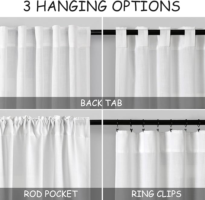 White Semi Sheer Linen Curtains 88 Inch Length - Image 3