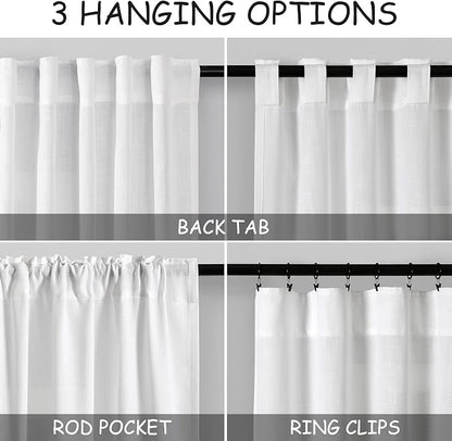 White Short Linen Curtains 40 Inch Length 2 Panels Back Tab Rod Pocket Semi - Image 3