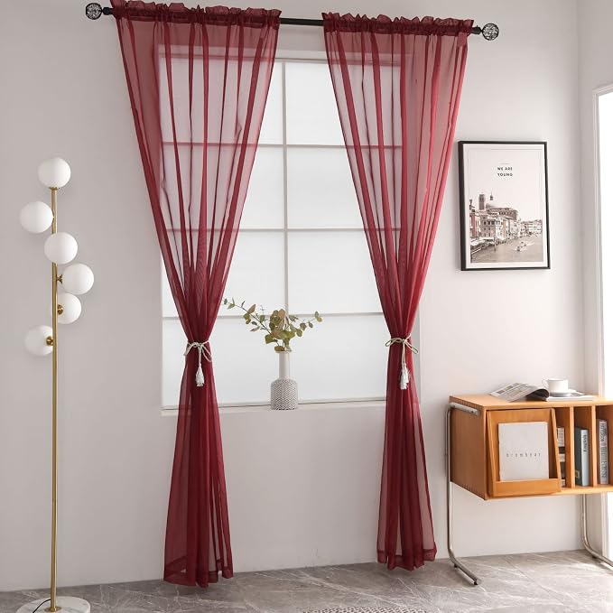 SpaceDresser Basic Rod Pocket Sheer Voile Window Curtain Panels Burgundy 1 Pair - Image 2