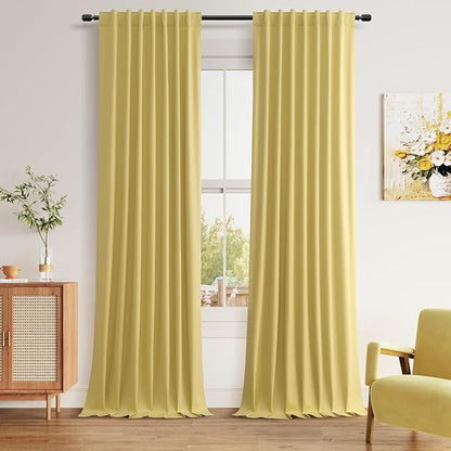 Yellow 100% Blackout Linen Curtains 84 Inch Length 2 Panels Set by Guken