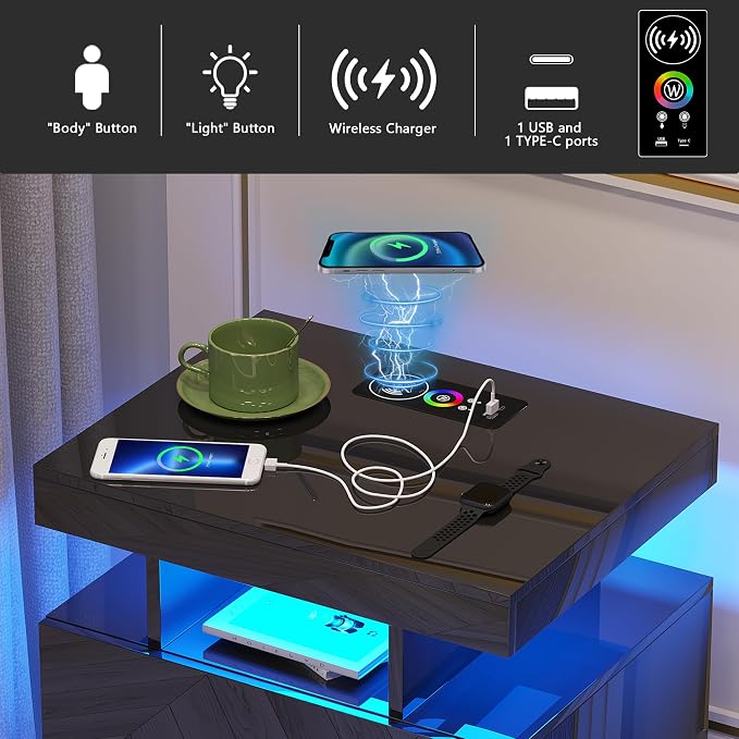 HNEBC Auto LED Nightstand with Wireless Charging Station & USB Ports, High - Image 4