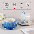 KAMMAK Tea Cups and Saucers set of 2, Porcelain Coffee Cups, 7.5oz Crystalline Glaze Espresso Mugs, Ceramic Demitasse for Coffee, Cappuccino, Latte, Americano, Tea (Dark Blue and White Blue)