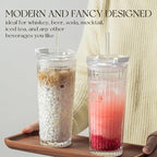 KEMORELA Ribbed Glass Tumbler with Straw and Lid – 18oz Durable Leak-Proof Drinking Cup for Hot and Cold Beverages – Stylish Design, Ideal for Iced Coffee, Smoothies, and More (2PCS-A)
