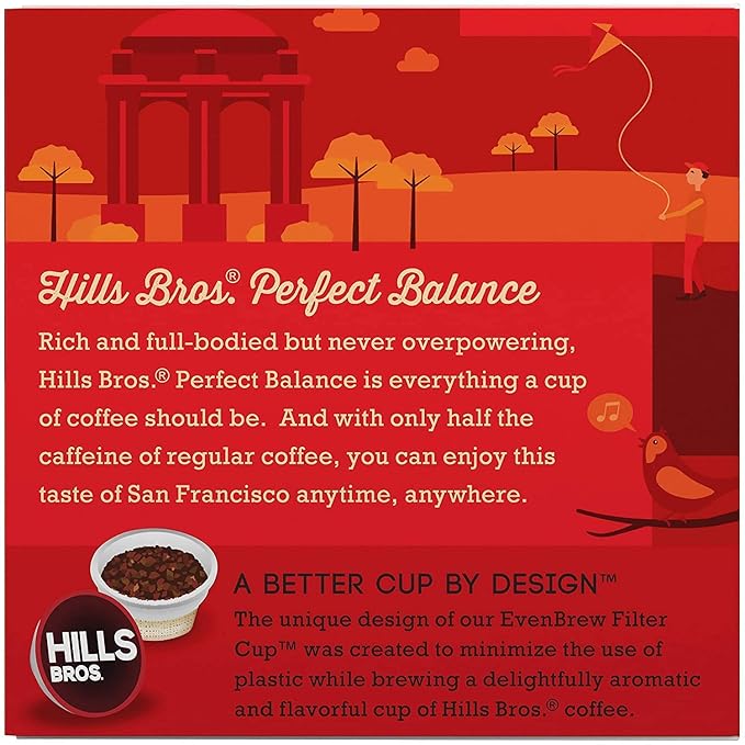 Hills Bros Single Serve Coffee Pods, Perfect Balance, Medium Roast Coffee, 12 Count-Keurig Compatible, Roasted Arabica Coffee Beans, Less Caffeine, Full-Body Flavor